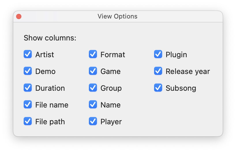 View options for a table of songs